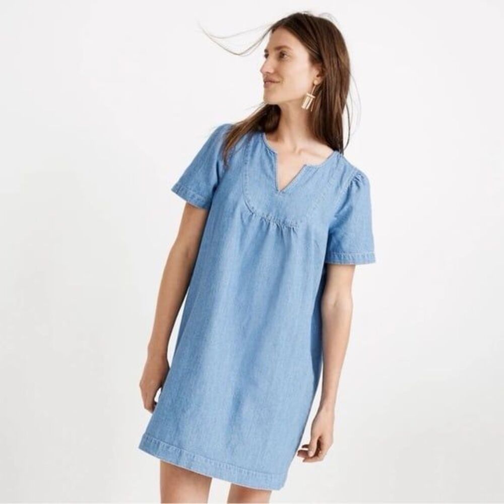 Madewell denim popover swing dress in newsome wash jean chambray blue, Sz XS
